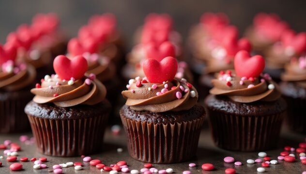 Rows of decadent chocolate cupcakes with love-heart sprinkles , appetizing, rustic, white