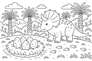 Fototapeta premium Dinosaur Triceratops Nesting Scene Coloring Page for Kids