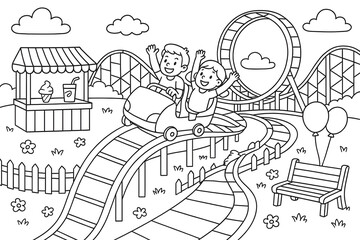 Children Riding Roller Coaster at Amusement Park Coloring Page
