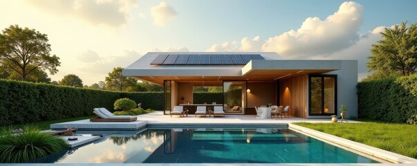 Fototapeta premium Sleek modern home, sun-drenched patio, solar panels, eco-friendly, living, renewable energy