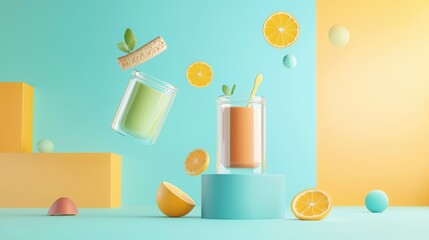 Surreal kitchen scene with floating food items in a vibrant and colorful composition