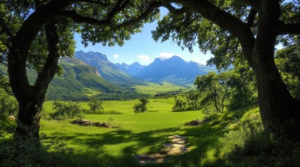 Lush valley framed by towering trees