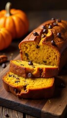 Warm pumpkin bread, pecans & chocolate chips, rustic wood , brown, fall