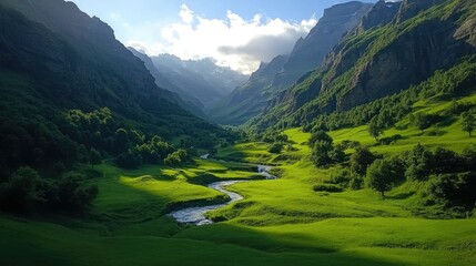 Lush valley nestled amongst towering mountains. Sunlight streams through the valley, illuminating the vibrant greenery and meandering river