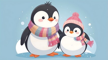 Round, fluffy penguin wearing a tiny scarf, winter theme, kawaii vector art