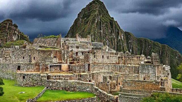 Ancient Inca Ruins Surrounded by Lush Mountains Under Dramatic Sky at Machu Picchu, Peru