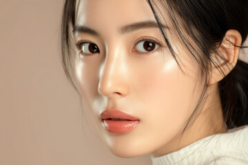 Fototapeta premium beautiful Asian model with black hair, a clean and healthy skin tone, full lips, perfect makeup, light brown eyes.