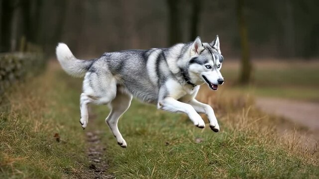 Playful husky dog leaping joyfully along a forest path with trees and grass in the background - perro husky siberiano