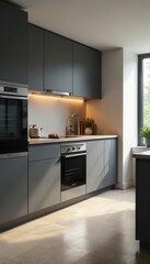 Fototapeta premium Sleek minimalist kitchen, integrated appliances, integrated, cabinets