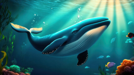 majestic blue whale swimming peacefully in ocean, surrounded by vibrant coral reefs and colorful fish, creates serene underwater scene