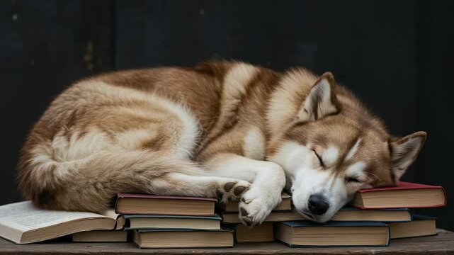 A cozy husky dog peacefully sleeping atop a stack of colorful books in a dimly lit room - perro husky siberiano