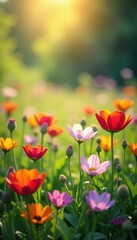 Fototapeta premium Wildflower meadow, soft light bathes vibrant blooms, landscape, vibrant