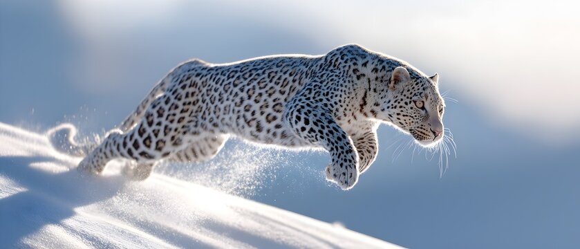 A leopard is running through the snow