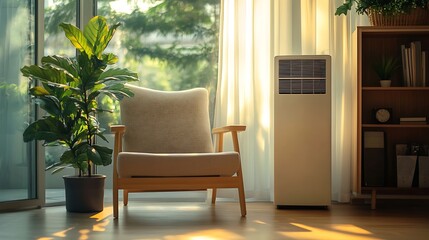 Living Room Interior with Chair, Plant, and Standing Fan