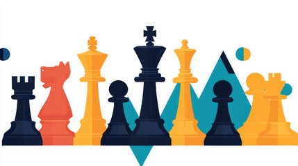 modern chess background featuring vibrant arrangement of chess pieces in contrasting colors, showcasing strategic elements and artistic design. image evokes sense of competition and intellect