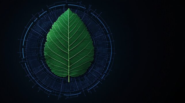 A vibrant green leaf is centered against a dark background, surrounded by intricate, digital patterns resembling circuitry.