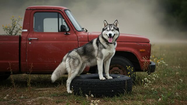 A playful husky stands on a tire near an old red pickup truck in a misty field during sunrise - perro husky siberiano