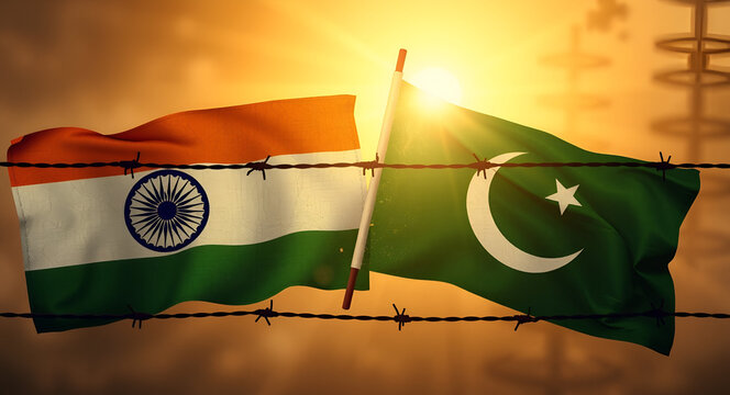 Grunge flags of India and Pakistan divided by barb wire sun haze illustration 
