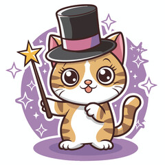 Magical Cat Cartoon: Cute cat in top hat with wand and stars