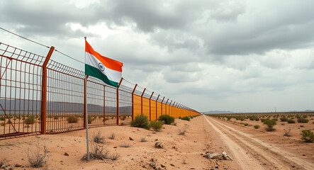A long border fence stretches into the distance with the Indian flag on one side and the Pakistani flag on the other. Rocky or desert terrain, cloudy sky. No people. Clean and sharp, 16:9 banner.