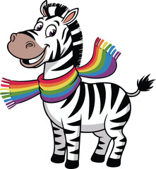 Cartoon Zebra with Rainbow Scarf on Green Grass