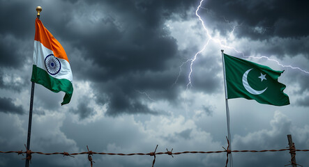  Grunge flags of India and Pakistan divided by barb wire sun haze illustration