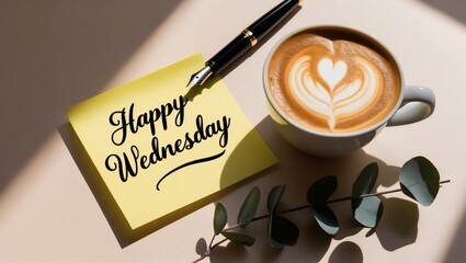 Coffee and Note Wishing Happy Wednesday with Pen and Greenery