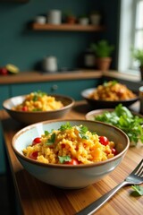 Colorful bowls of protein-packed meals in a modern kitchen setting, vibrant, artificial intelligence