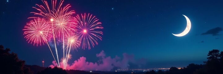 Fototapeta premium Colorful fireworks illuminating the night sky with stars and crescent moon, abstract, New Year's