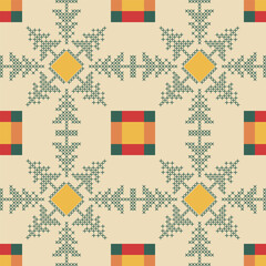 An Alpine Theme in Faux Cross Stitch of Pine Trees in a Geometric Design in Hunter Green and Yellow Ochre creating a seamless pattern print