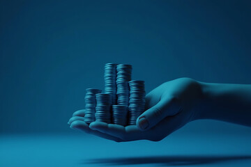 Close-up of a Hand Holding Stacks of Coins in a Dimly Lit, Blue-Toned Setting, Illustrating Concepts of Finance and Investment.