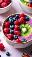 Colorful fruit smoothie bowl with kiwi, blueberries, raspberries , nutritious, bowl