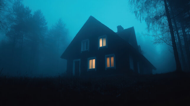 mysterious house shrouded in fog, with glowing windows illuminating dark surroundings, evokes sense of eeriness and intrigue. atmosphere is haunting and captivating, perfect for spooky setting