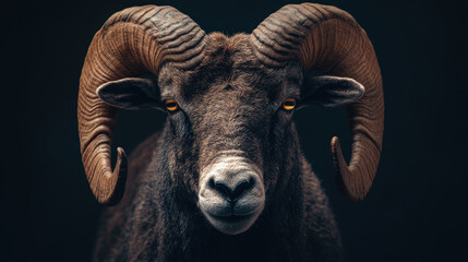 Naklejka premium striking portrait of male ram with impressive curved horns, showcasing its strong features and intense gaze against dark background. image captures animal majestic presence and unique texture