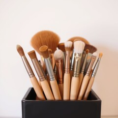 Fototapeta premium Isolated makeup brushes, essential beauty tools for a creative make up, are neatly set in a case