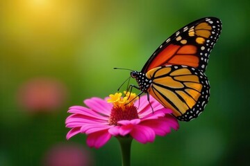Monarch butterfly nectaring vibrant pink zinnia, colorful, garden photography
