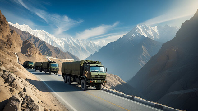 Ladakh region. Military Truck Convoy on the high mountain Leh - Manali highway on Jammu and Kashmir, Nothern India 

