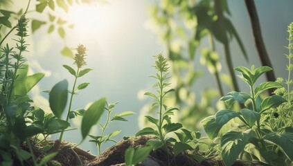 Obraz premium Bright sunlight filters through the spring foliage of green leaves and grass in a vibrant natural scene