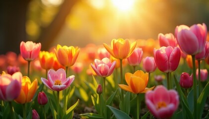 Sunlit blooms burst with color, vibrant spring garden , day, background