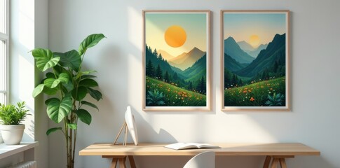 Nature-themed posters above wooden desk, greenery, home, office