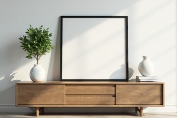 Modern picture frame on sleek wooden sideboard, home, table
