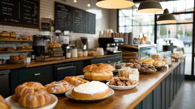 Cozy Bakery Display of Freshly Baked Goods Indulge in Croissants, Pastries, Cakes, and Sweets in Warm Atmosphere with Coffee Delights