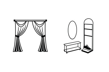 Fototapeta premium Illustration Of Home Interior Objects Including Curtains Mirror And Shoes