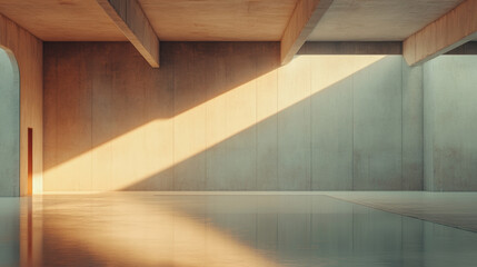 spacious, empty concrete room is illuminated by sunlight streaming through large window, casting warm glow on polished floor. minimalist architecture features clean lines and serene atmosphere
