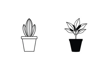 Two Minimalist Potted Plants Black And White Line Art Illustration