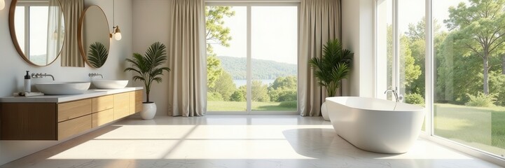 Fototapeta premium Bright, spacious bathroom, large window, freestanding tub , design, spa, decor
