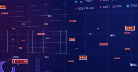 Dark blue digital analytics dashboard displaying floating subscribe play like icons over grid lines - Powered by Adobe