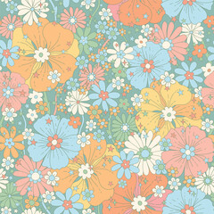 Artistic floral background. Decorative fabric and surface pattern design with hand drawn simple flowers. Nostalgic vintage groovy allover print. Retro style vector seamless pattern.