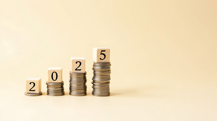 Financial Growth in 2025 Represented by Increasing Stacks of Coins Under Wooden Blocks Spelling Out the Year.