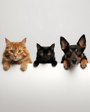 Adorable cat and dog trio posing together with curiosity. A fluffy ginger cat, a sleek black cat, and a playful dog are shown in a cute, harmonious display of friendship and pet companionship.

